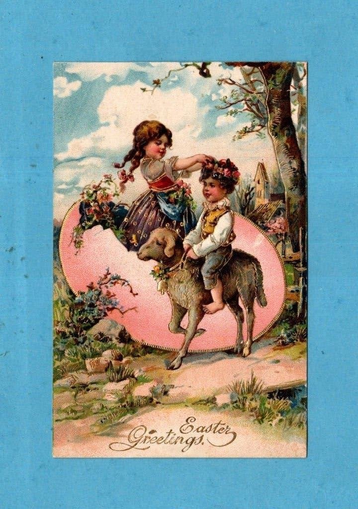 Pracht oude paaskaart/reliéf W208 - kinderen/lammetje/paasei, Verzenden, Voor 1920, Ongelopen, Kinderen