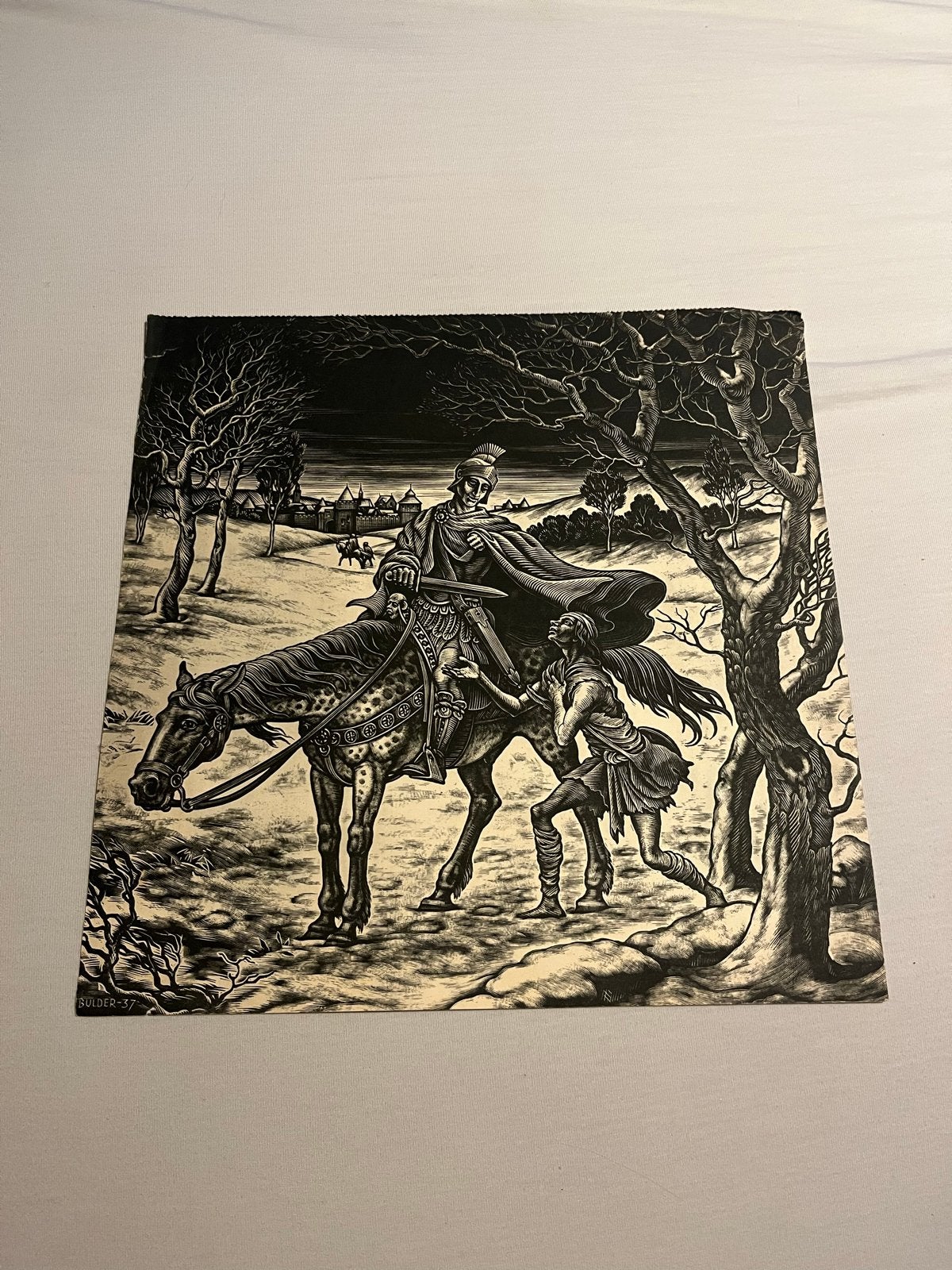 Houtsnede van Bulder-37: Ruiter en knielende figuur, Dagelijks leven, Ophalen of Verzenden, Houtsnede, Gesigneerd