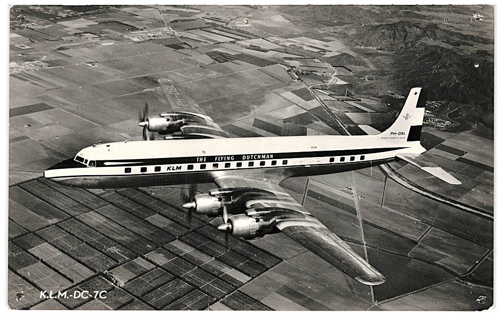 970251	KLM K.L.M.	DC 7 c jr 50	Niet Gelopen, Ophalen of Verzenden, 1940 tot 1960, Ongelopen, Voertuig