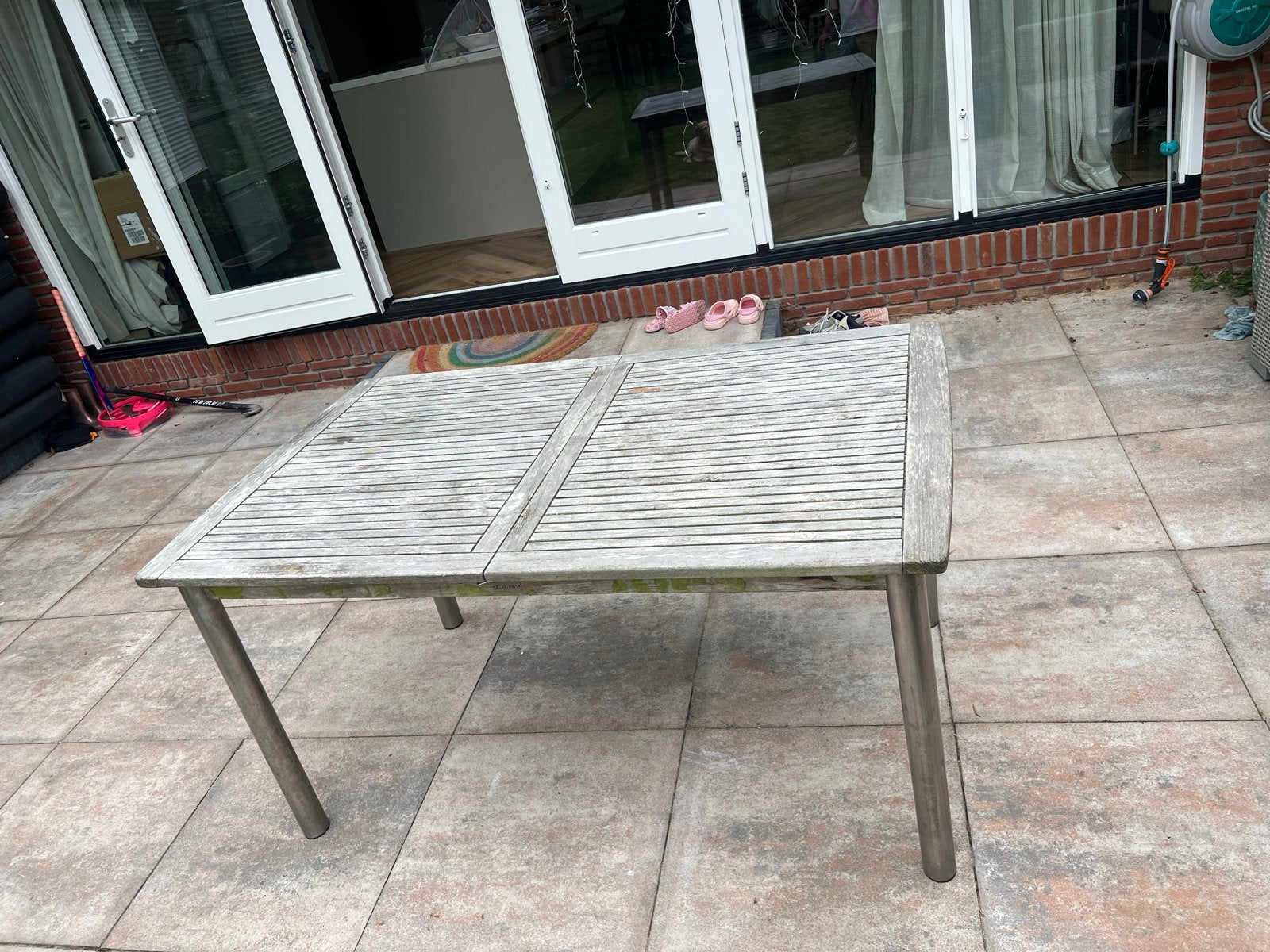 Exotan Teakhouten Tuintafel met Aluminium Poten, Tuin en Terras, Tuintafels, Ophalen of Verzenden, Gebruikt, Rechthoekig, Teakhout