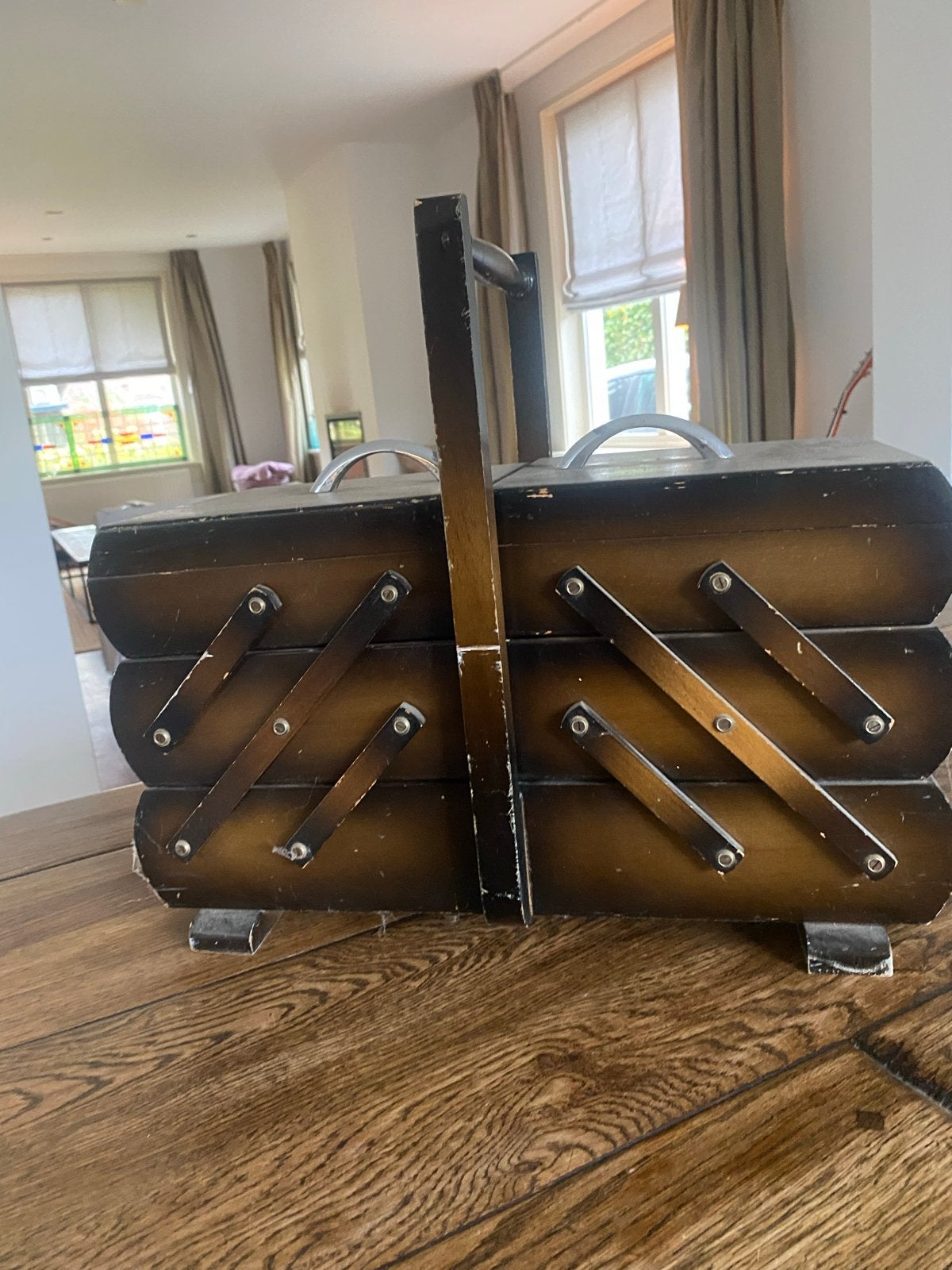 Vintage houten naaidoos - harmonica model, Ophalen of Verzenden
