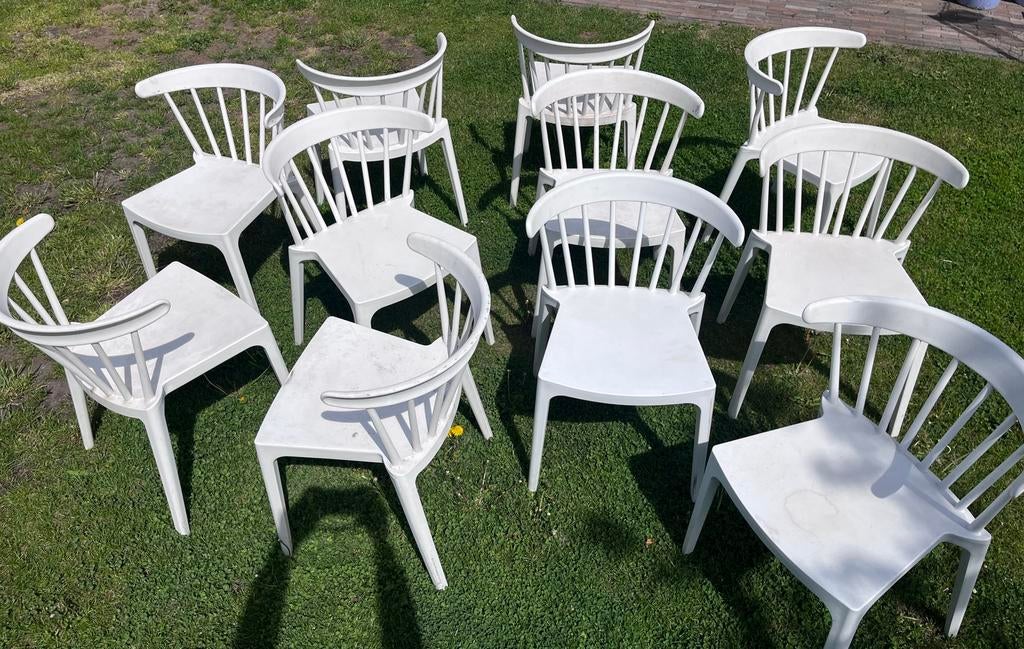 11 stuks Woood Bliss wit spijlen tuinstoel of eetkamerstoel, Ophalen, Gebruikt, Kunststof, Stapelbaar