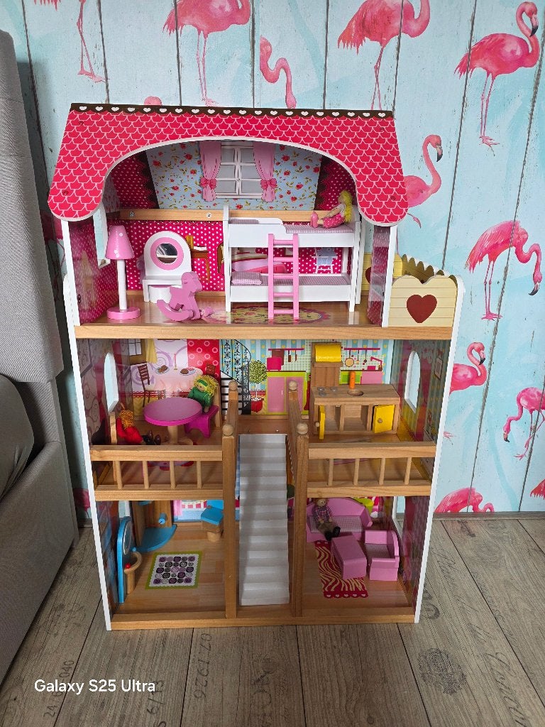 Poppenhuis hout met poppetjes, Ophalen, Zo goed als nieuw, Poppenhuis