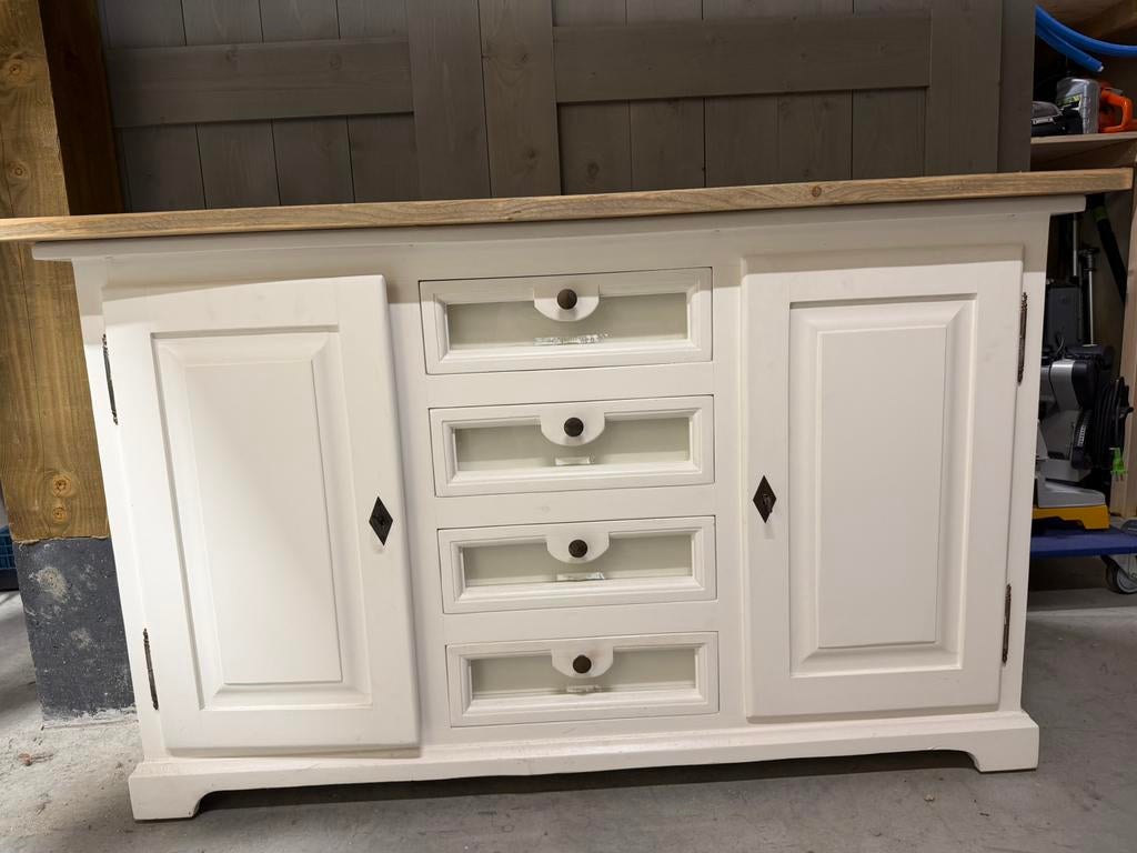Dressoir met laden en planken. Wit gelakt / Steigerhout, Ophalen, Met deur(en), 150 tot 200 cm, 50 tot 75 cm