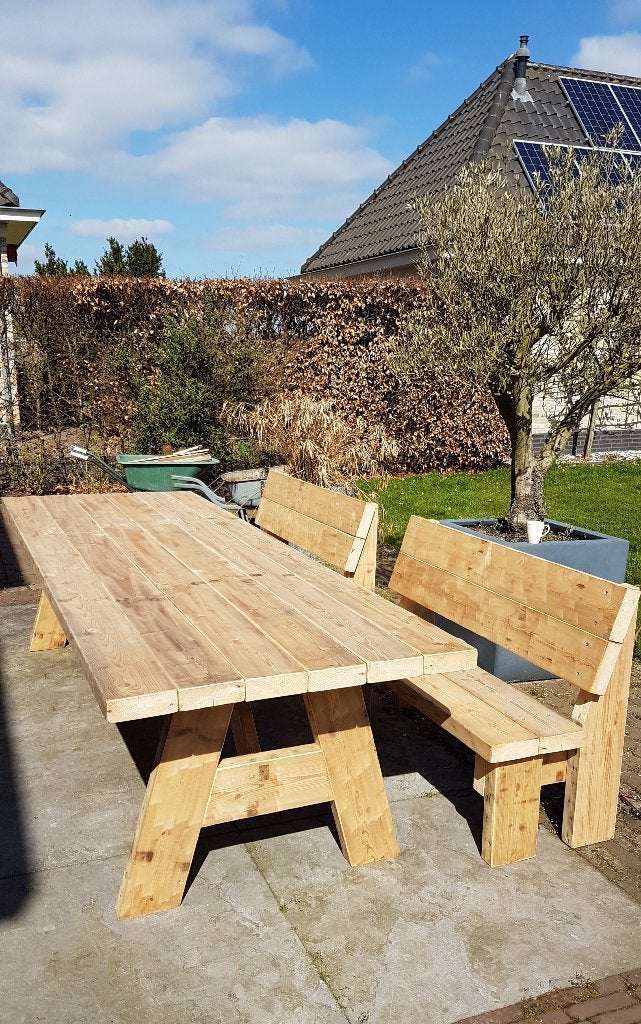 Grote picknicktafel tuintafel balken sloophout of hardhout., Ophalen, Nieuw, Rechthoekig, Hout