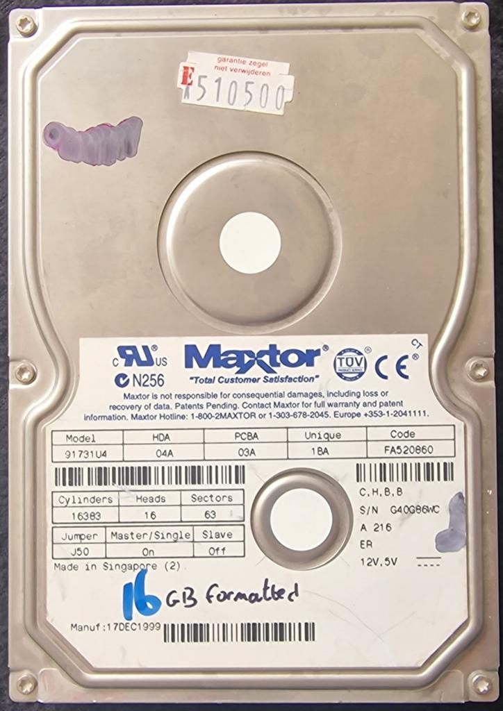 Maxtor 16GB IDE Harde Schijf - Vintage HDD, Intern, Gebruikt, 16 GB, HDD