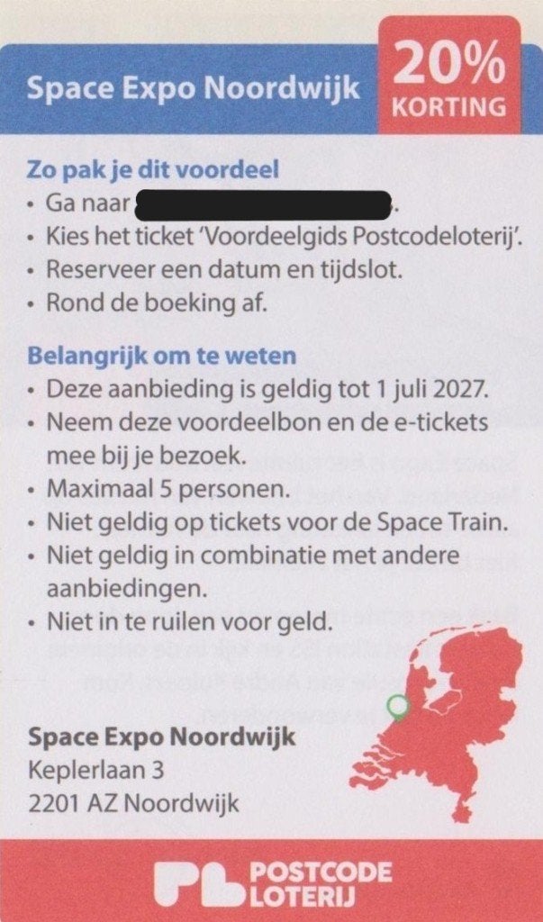 Space Expo Noordwijk 20% korting Postcodeloterij kortingsbon, Tickets en Kaartjes, Musea, Drie personen of meer, Kortingskaart