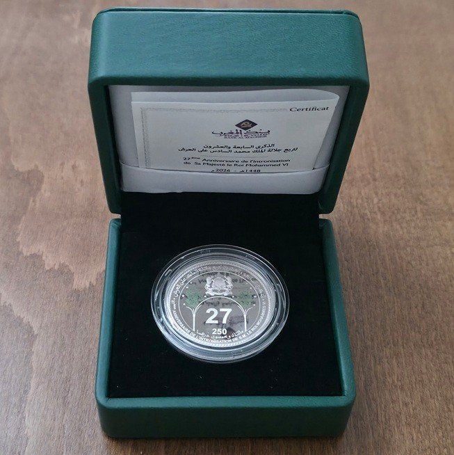 Marokko 250 Dirhams 2026 – Troonsbestijging – Zilver Proof, Ophalen of Verzenden, Overige landen, Setje, Zilver