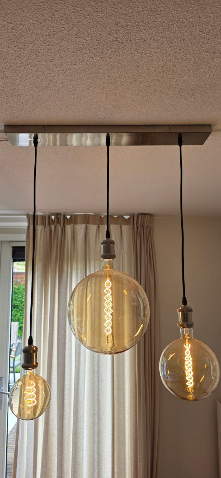 Hanglamp met 3 Edison LED lampen - Industriële stijl, Ophalen, E27 (groot), Zo goed als nieuw, Glas