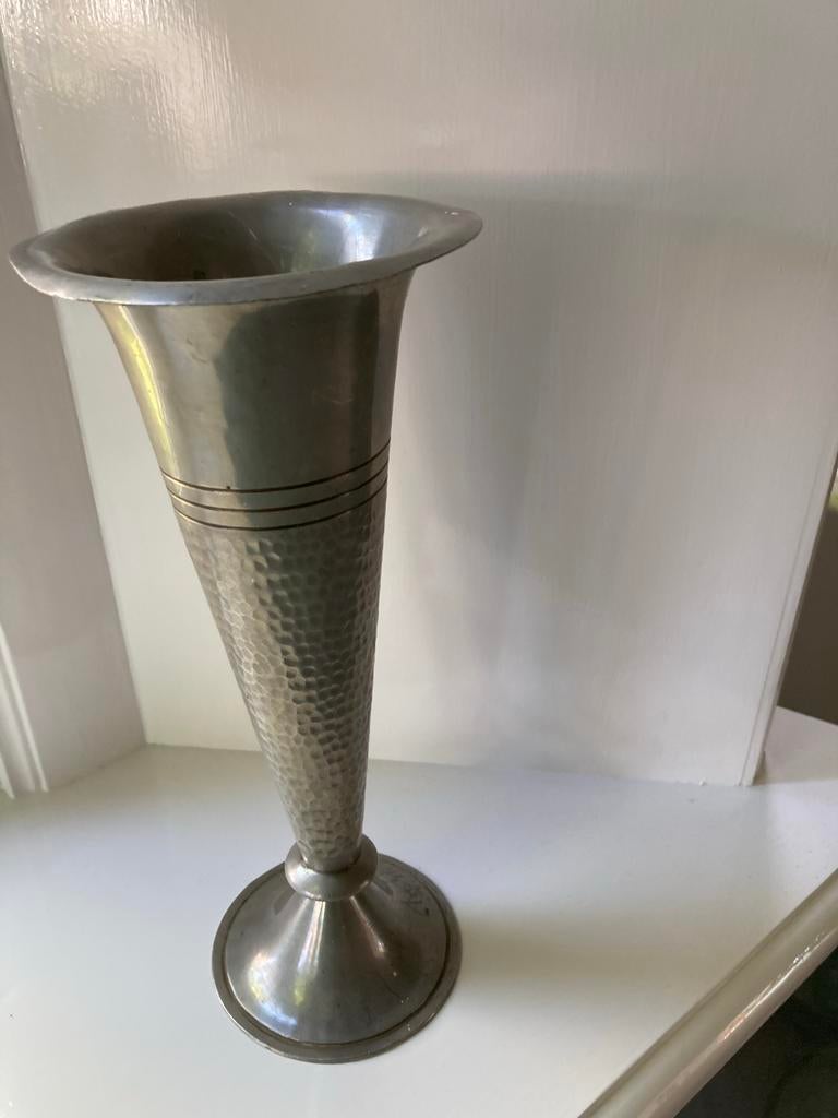 Vintage tinnen vaas, gehamerd design, Ophalen of Verzenden