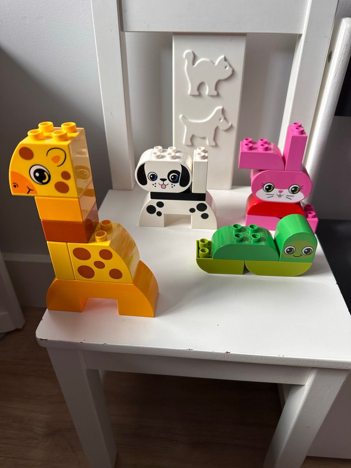 Leuke Duplo dieren: giraffe, hond, kat  en slak, Ophalen of Verzenden, Gebruikt, Complete set, Duplo