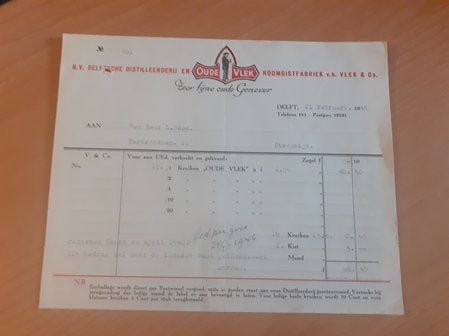 Oude Vlek genever Delft factuur 1948 gedistilleerd, Ophalen of Verzenden, Zo goed als nieuw, Overige typen