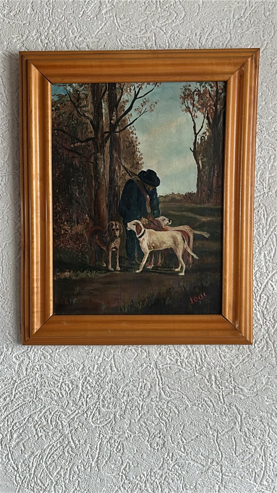 Olieverfschilderij Jachttafereel met Honden en Jager, Doek, Dieren, Ophalen of Verzenden, Gesigneerd
