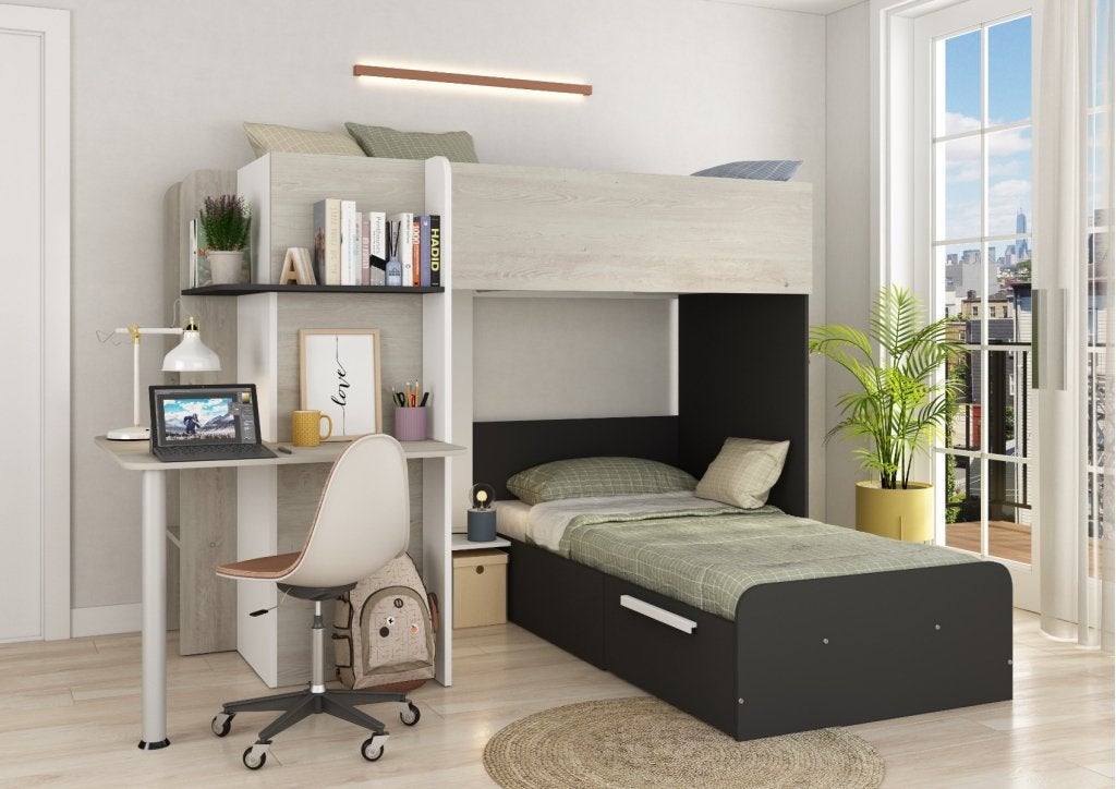 Palatino hoekstapelbed met bureau, kast en lade - 90x190 - W, Niet ingevuld, Niet ingevuld, Niet ingevuld