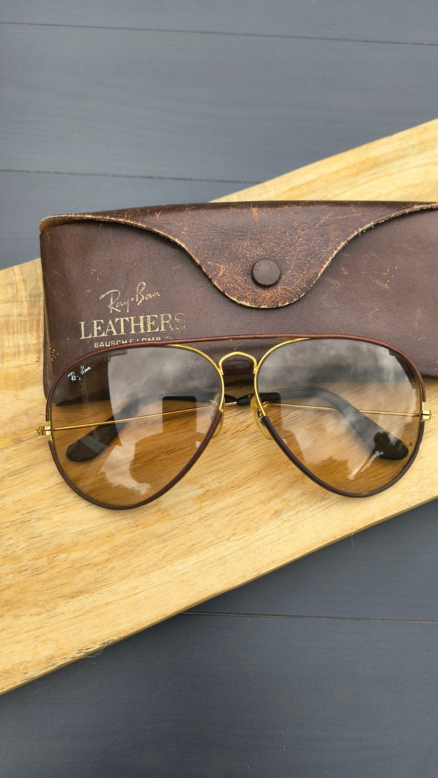 Vintage Ray-Ban Aviator Leathers (Jaren '80) - Maat 62-14, Ophalen of Verzenden