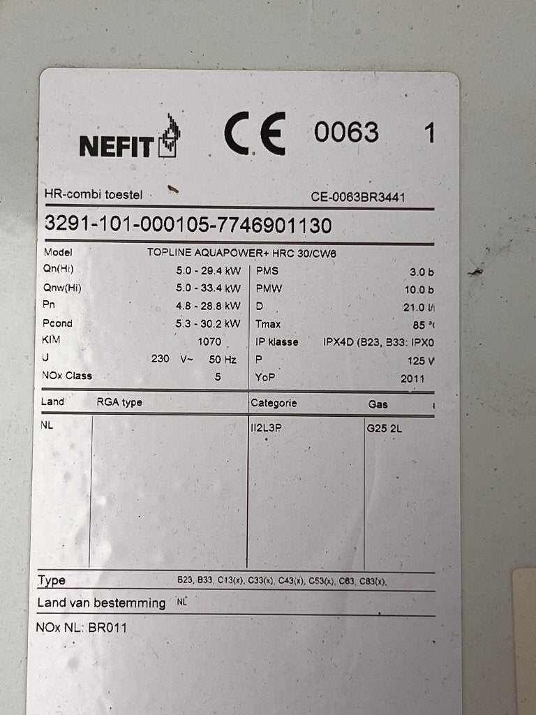 NEFIT HR-combi toestel TOPLINE AQUAPOWER+ HRC 30/CW6, Ophalen, 30 tot 80 cm, Gebruikt, Hoog rendement (Hr)