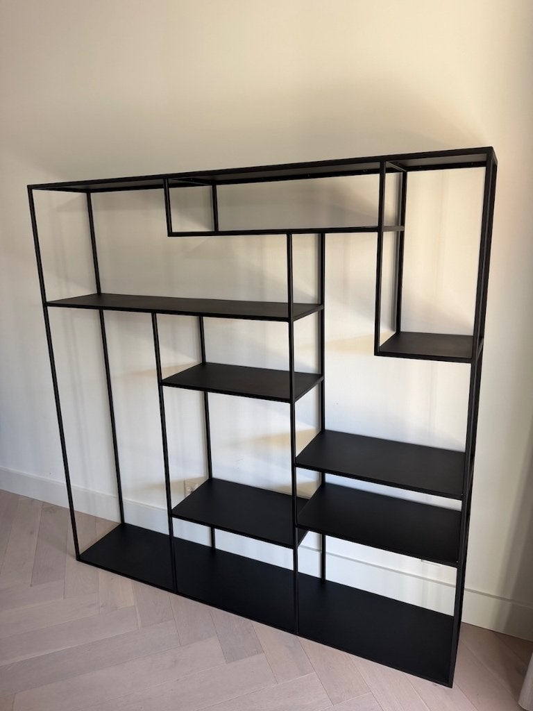 Stalen zwarte vakkenkast, RAL9005, afm. 180x180x35cm, Ophalen, Met plank(en), Gebruikt, 150 tot 200 cm