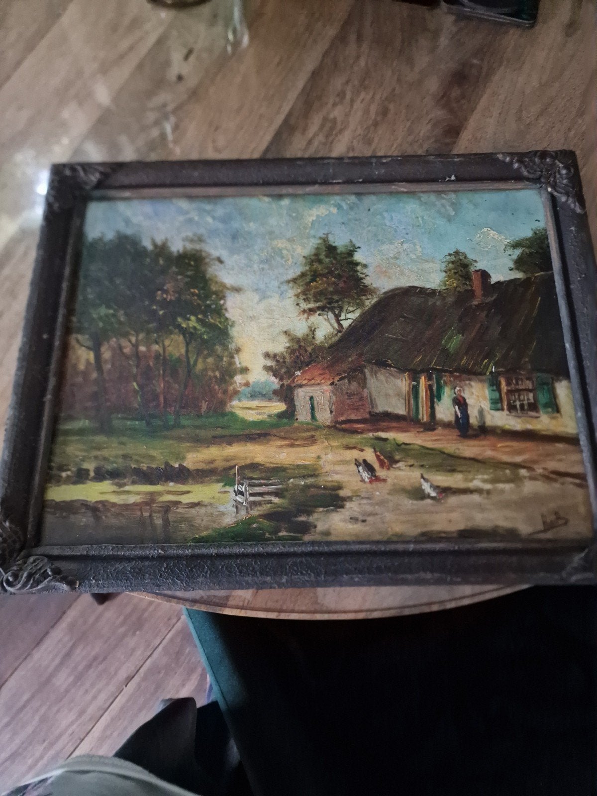 Oud Hollands Landschap Schilderij met Boerderij, Doek, Origineel werk, Ophalen of Verzenden, Landschap