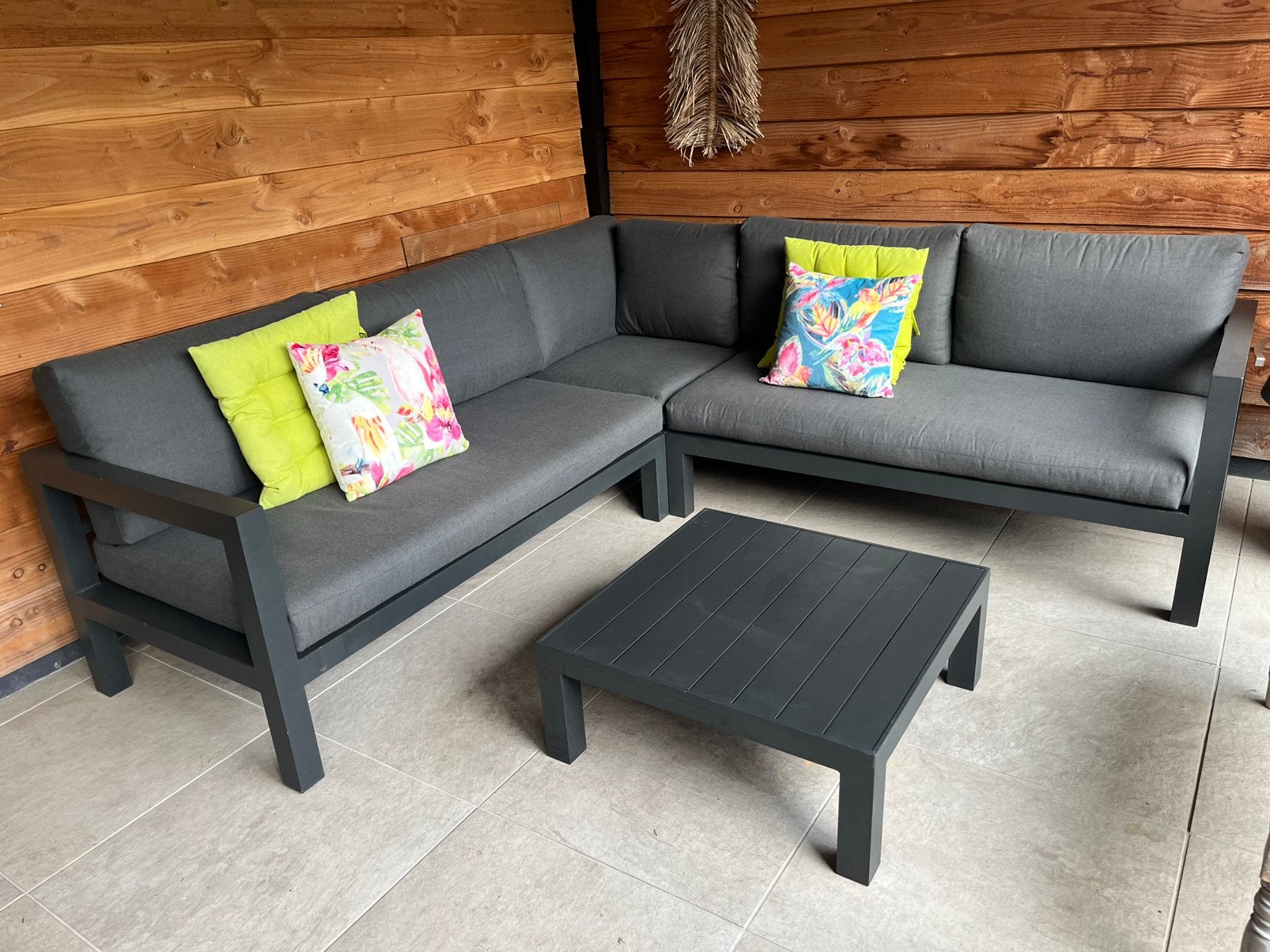 Antracietkleurige loungeset met tafel te koop, Tuin en Terras, Ophalen, Gebruikt, 6 zitplaatsen, Bank