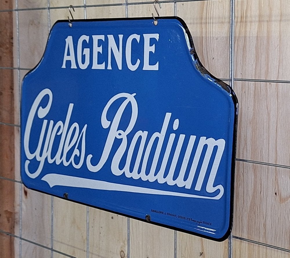 Pracht emaille reclamebord van Radium fietsen uit 1936., Verzamelen, Reclamebord, Gebruikt, ., Ophalen of Verzenden
