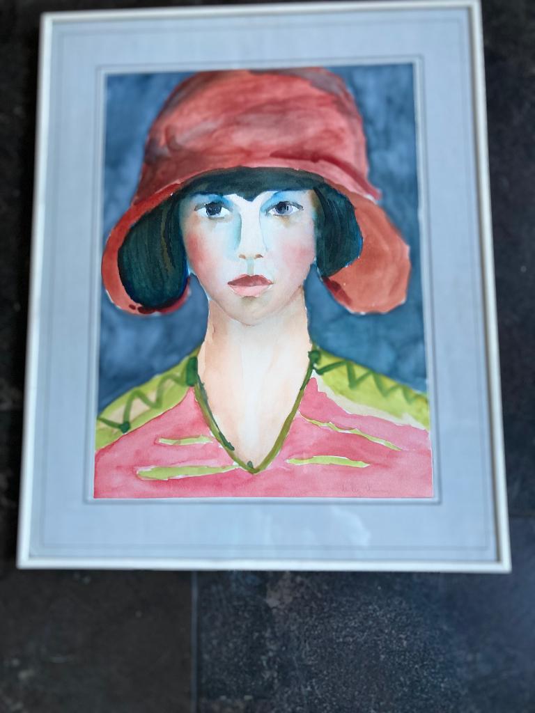 Aquarel Willy Hommerin vrouw met hoed, Ophalen of Verzenden