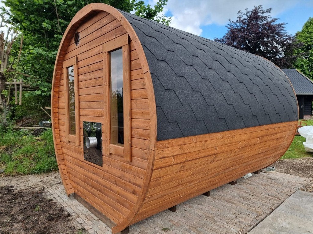Nieuwe barrel sauna in 3m compleet met 2 achterramen!, Sport en Fitness, Sauna, Ophalen, Nieuw, Fins of Traditioneel, Complete sauna