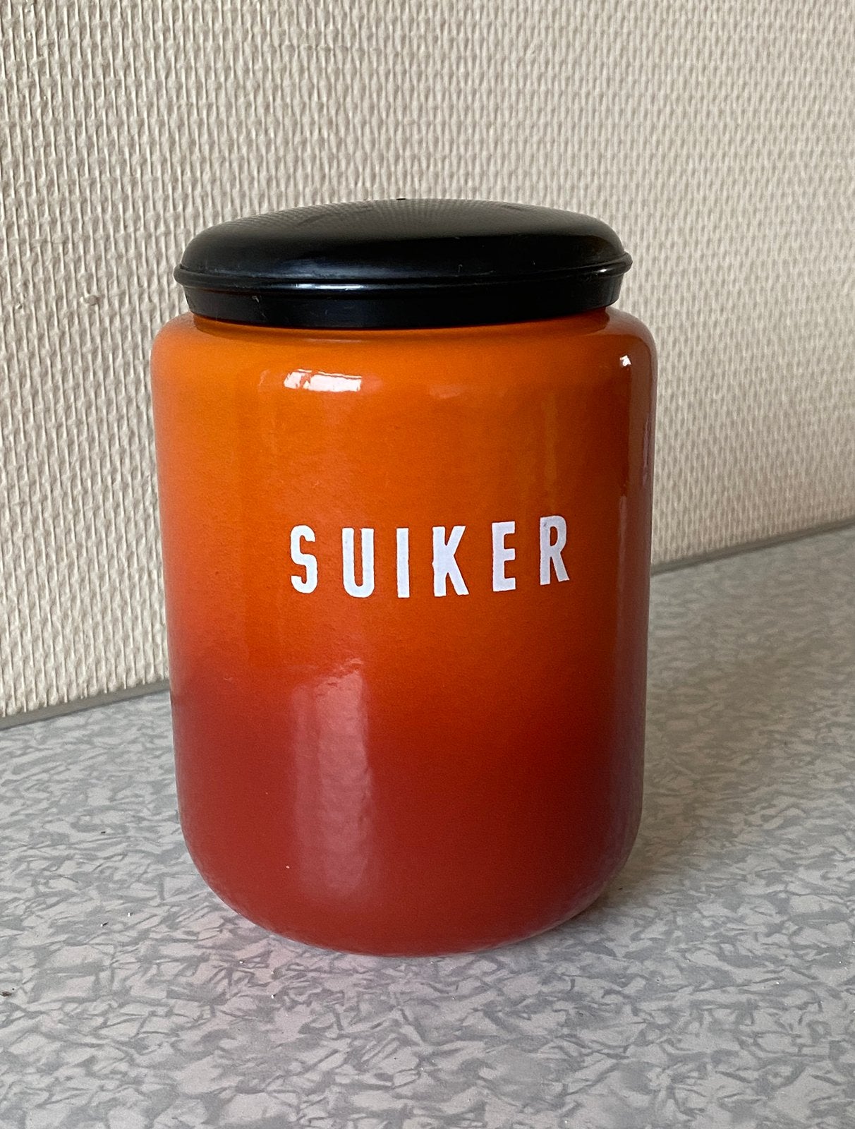 Vintage jaren ‘50 oranje emaille Dru voorraadpot ‘suiker’, Antiek en Kunst, Ophalen of Verzenden