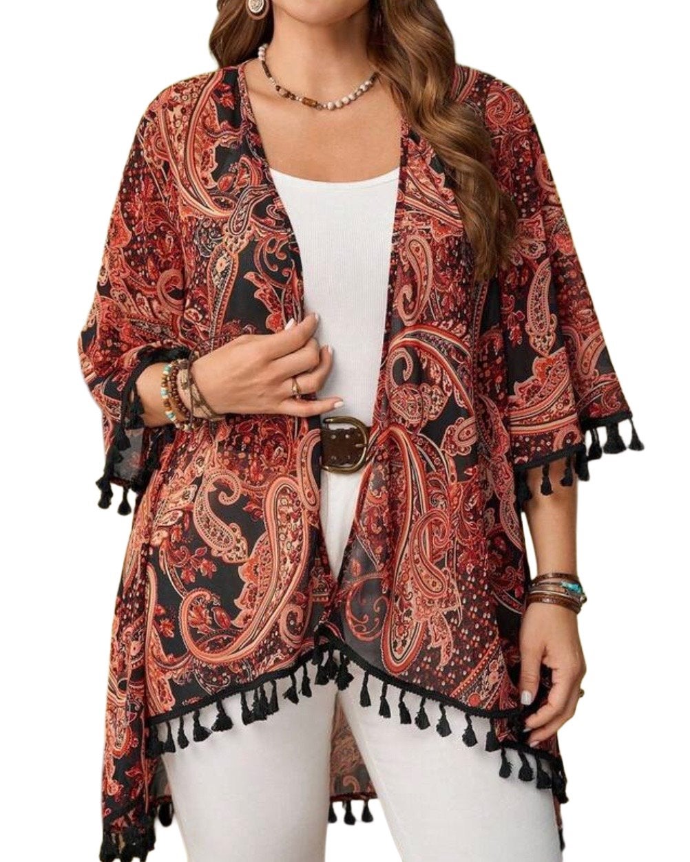 Boho Kimono met Paisley Print en Kwastjes (46-54), Verzenden, Nieuw, Zwart, Trui of Vest