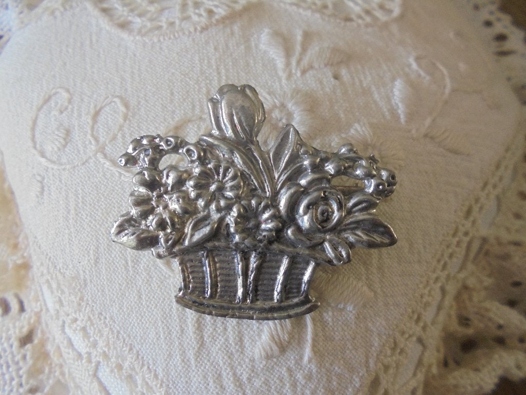 Broche bloemen in mand 96% tin H Kolk, Ophalen of Verzenden, Zo goed als nieuw, Zilver, Overige materialen