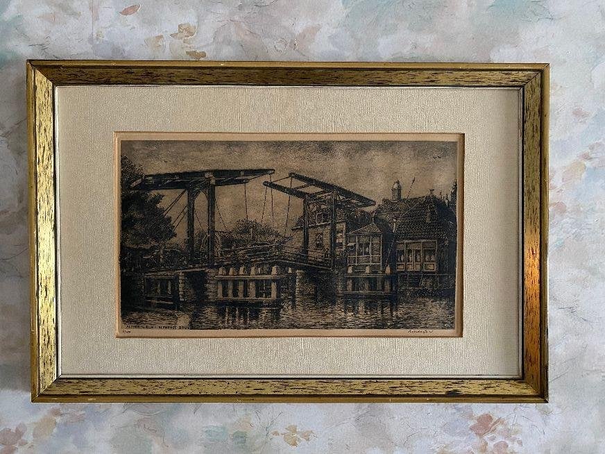 Ets  ,  Dubbele  Klapbrug .  Alphen  a/d   Rijn, Antiek en Kunst, Ophalen of Verzenden, Stadsgezicht, Ets, 1900 - 1949