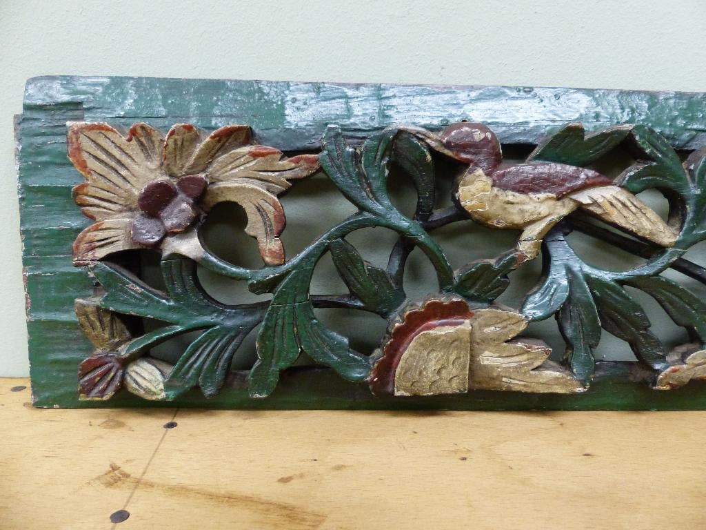 Antiek Aziatisch houtsnijwerk paneel vogel *Couleur Brocante, Antiek en Kunst, Ophalen of Verzenden