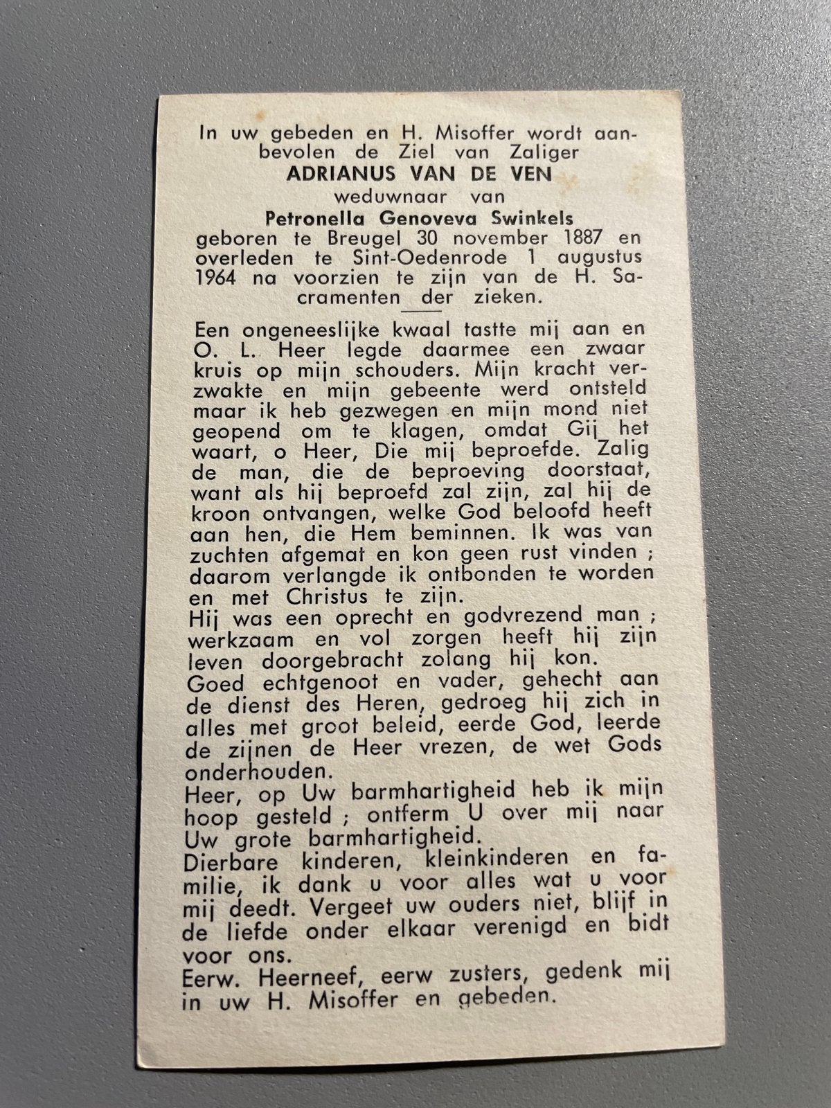 Bidprentje Adrianus van de Ven, Ophalen of Verzenden, Gebruikt, Kaart of Prent, Christendom | Katholiek