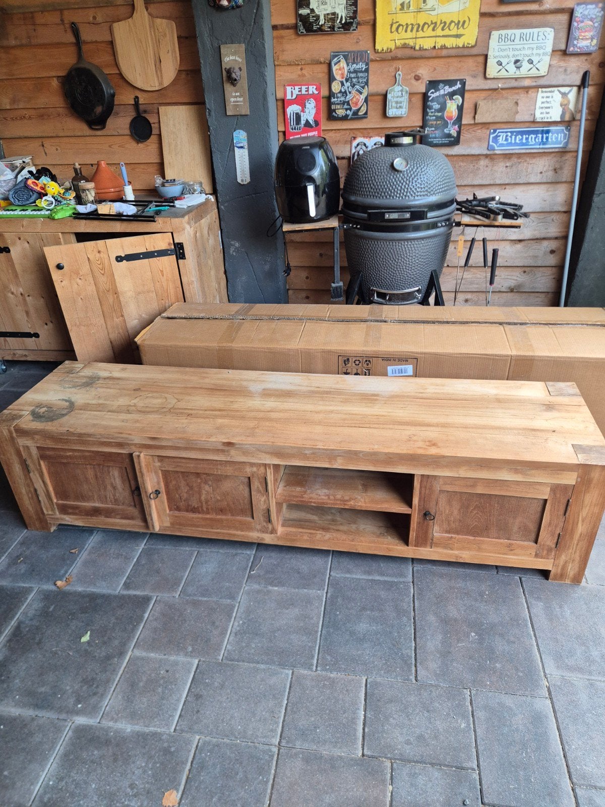 Teakhouten TV-meubel met opbergruimte, Ophalen, Gebruikt, Teakhout, 200 cm of meer