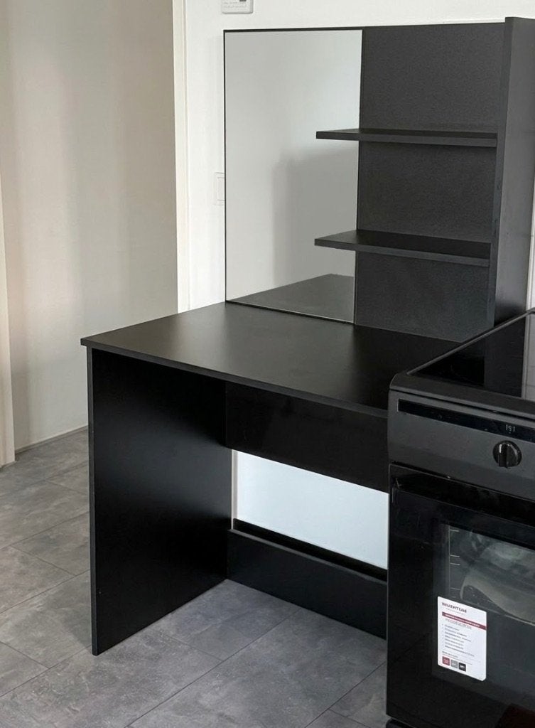 Zwarte Kaptafel met Spiegel, Lade en Plankjes, Ophalen, Gebruikt, 100 tot 150 cm, 50 tot 100 cm