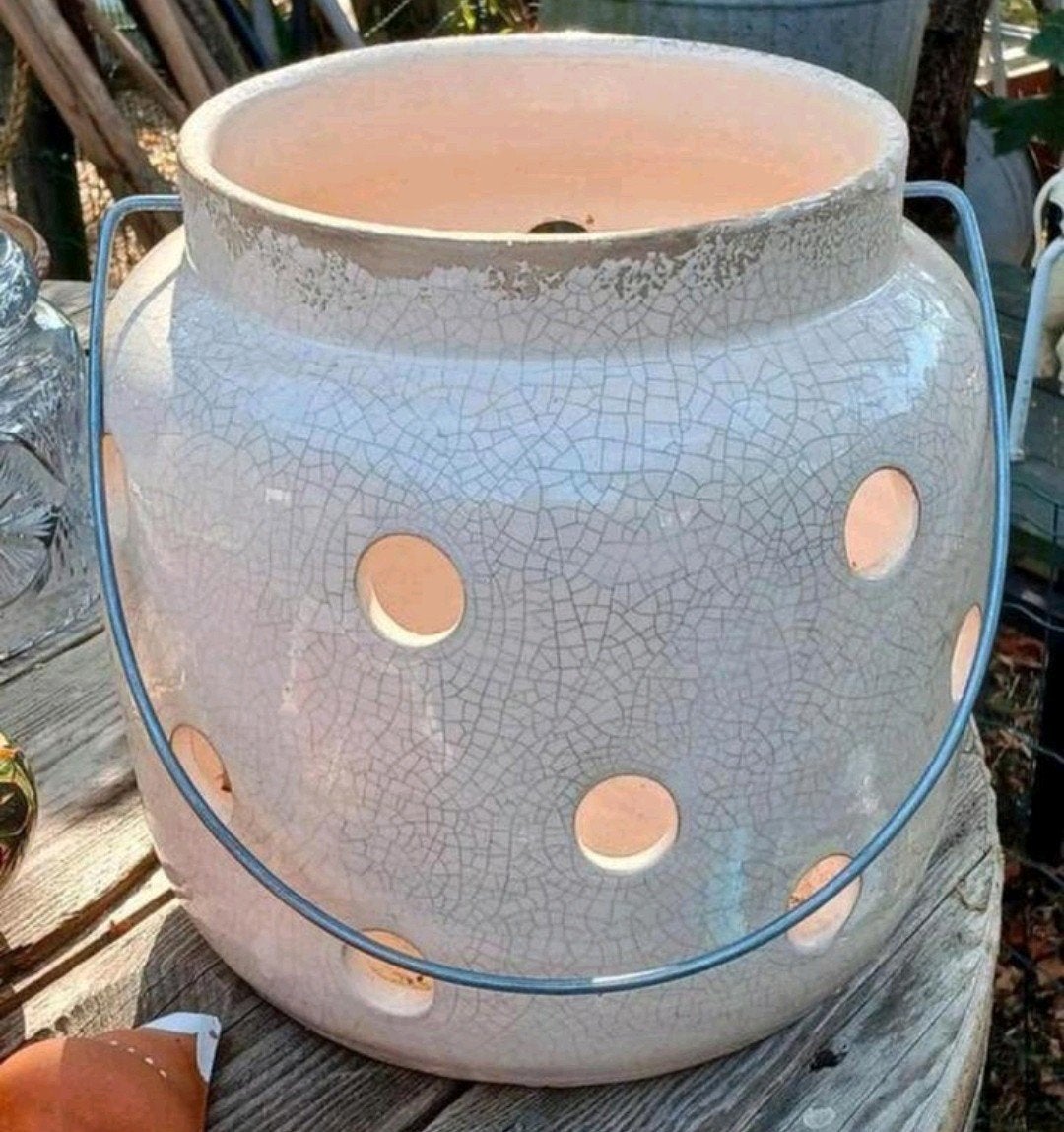 Groot terracotta windlicht geglazuurd, Ophalen of Verzenden, Zo goed als nieuw, Beige, Steen/keramiek