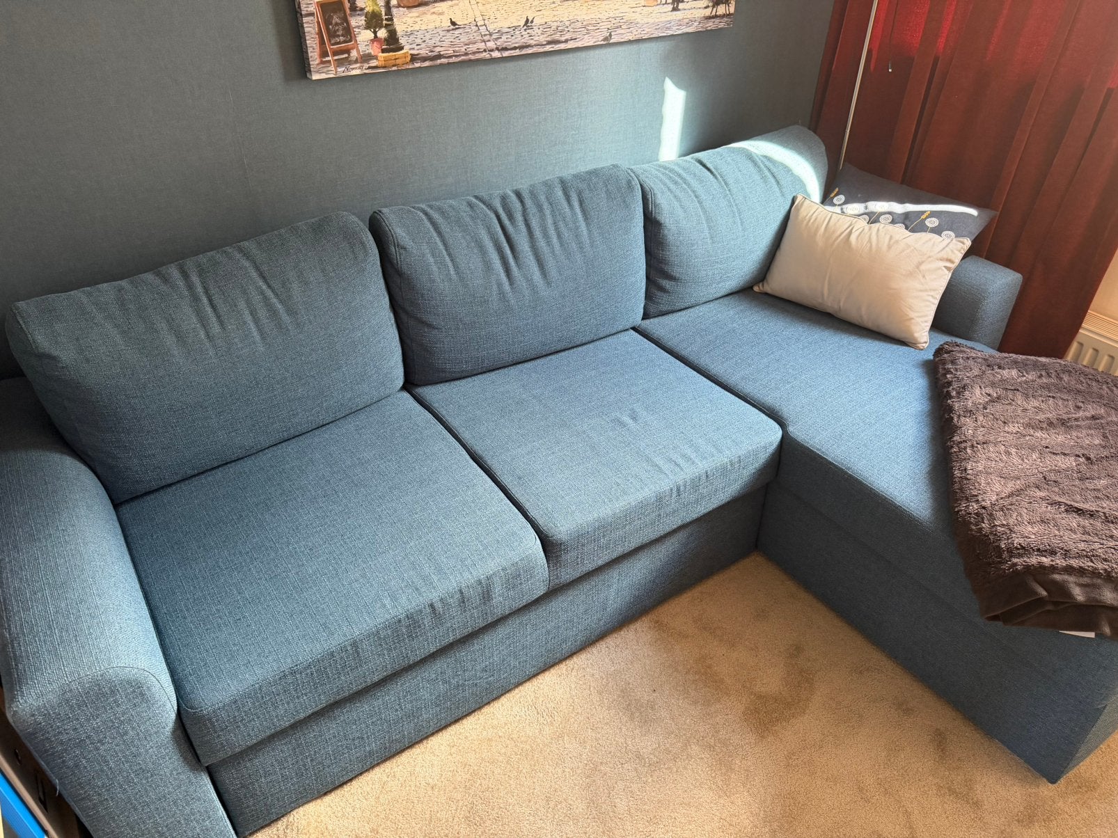 Leen Bakker hoekslaapbank met opbergruimte – blauwgrijs, Huis en Inrichting, Ophalen, Blauw, Zo goed als nieuw, Overige maten
