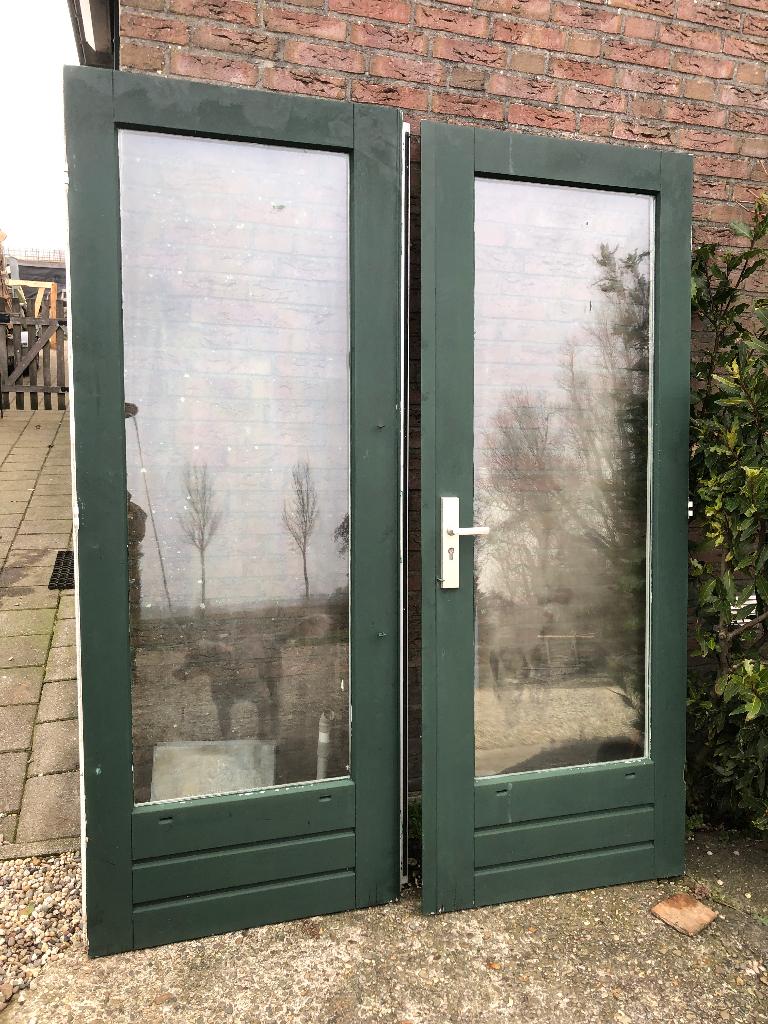 |hardhouten dubbele buitendeuren| dubbelglas| 210,5 X162|, Doe-het-zelf en Verbouw, Deuren en Horren, Ophalen, Gebruikt, 120 cm of meer