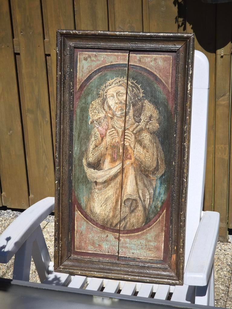 Oud religieus paneel: Christus de Goede Herder, Antiek en Kunst, Antiek | Religie, Ophalen of Verzenden