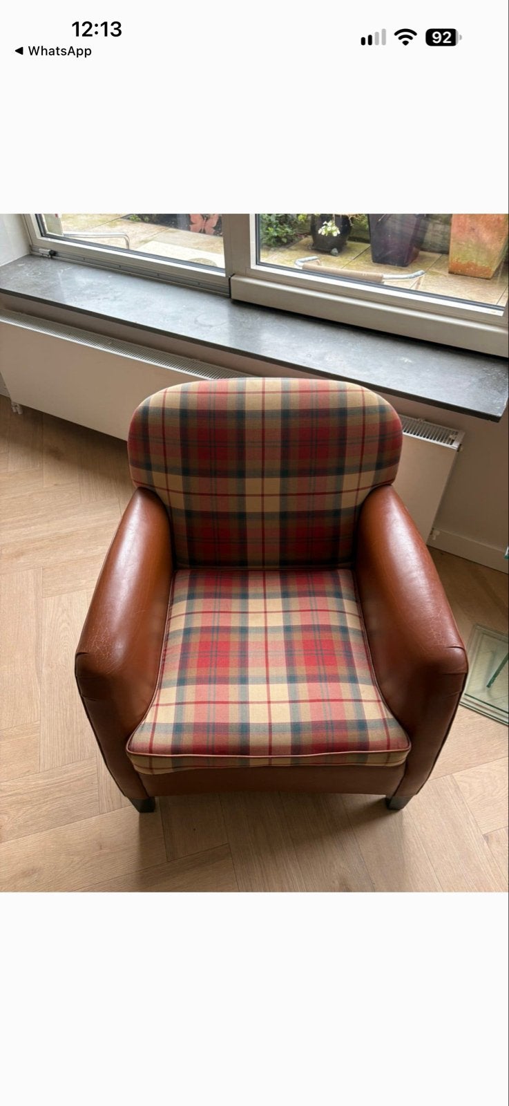 Twee leuke comfortabele fauteuils met Schotse ruit en leer, Ophalen, Gebruikt, Twee, Bruin