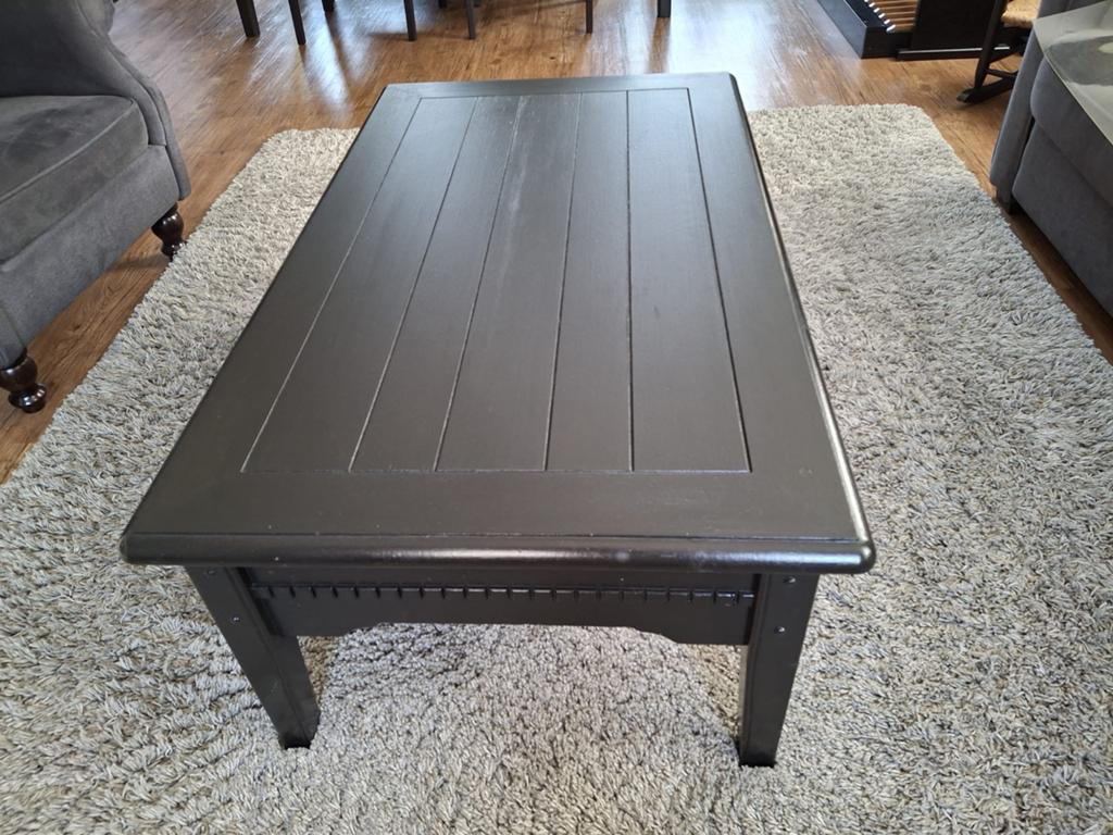 Donkerbruine eikenhouten salontafel met lade en bijzettafel, Huis en Inrichting, Tafels | Salontafels, Gebruikt, 100 tot 150 cm