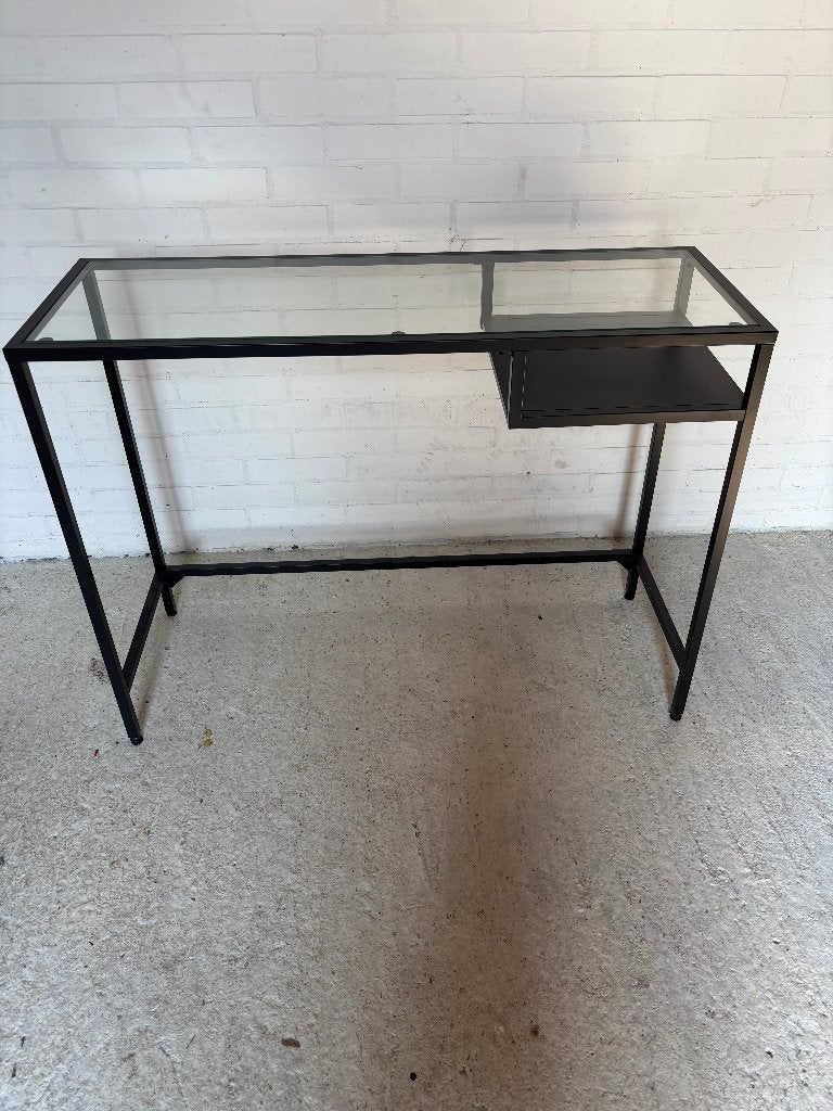Computertafel, zwart stalen frame met glasplaat en opbergvak, Ophalen, Zwart, 36 cm, Met lades