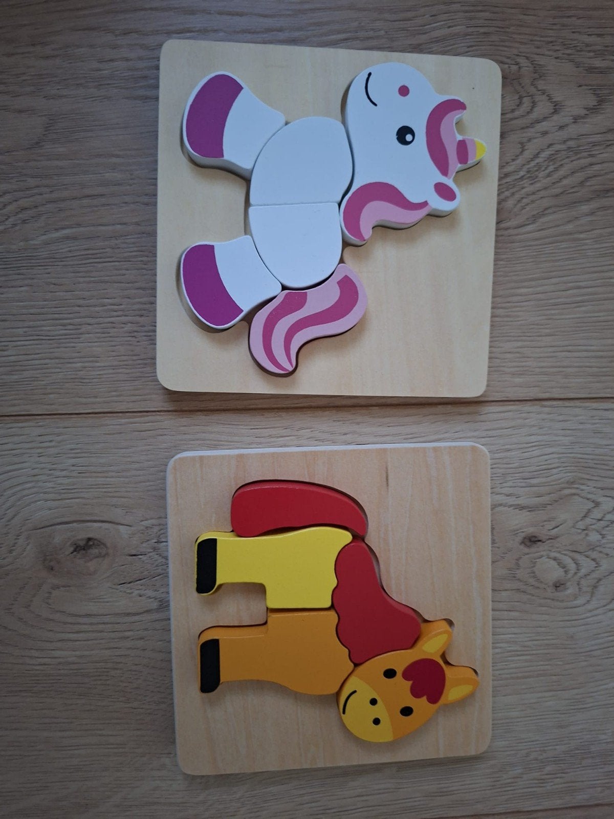 Houten puzzel eenhoorn en paard, 2 tot 4 jaar, Gebruikt, Ophalen of Verzenden, Van hout