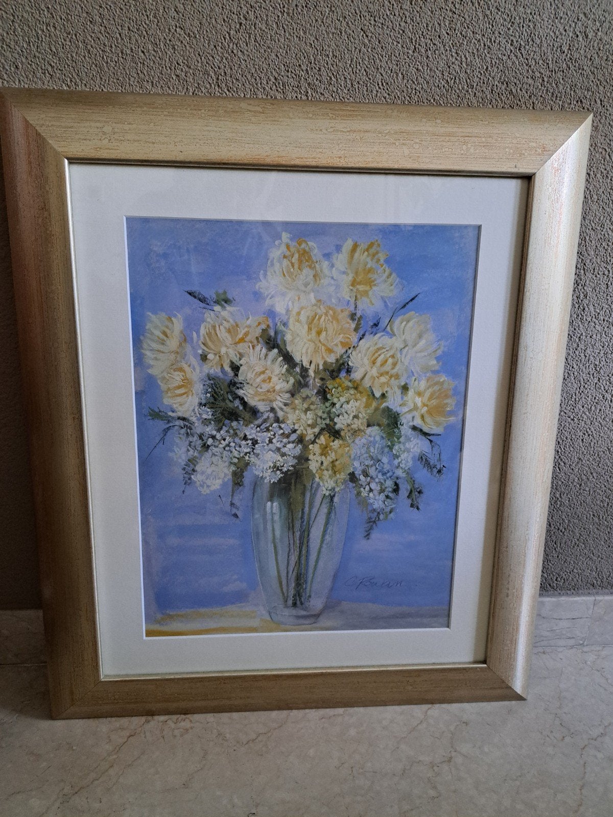 Schilderij met bloemen achter glas in prachtige lijst, Ophalen, 50 – 75, Zo goed als nieuw, Schilderij