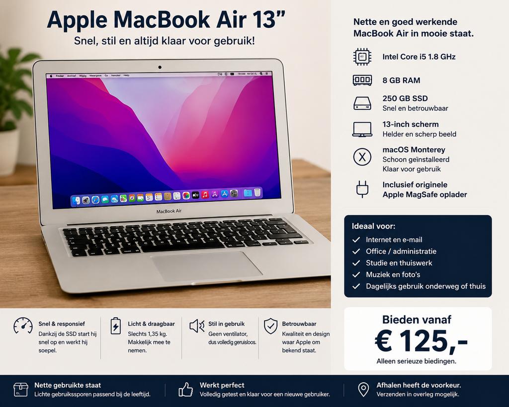 Apple MacBook Air 13” – 8GB RAM – SSD, Computers en Software, Apple Macbooks, 13 inch, Minder dan 2 Ghz, Ophalen of Verzenden
