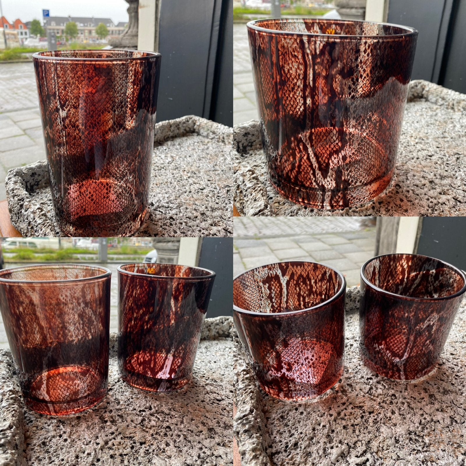 Windlicht slangenprint 4 maten waxineglas snake slang VdlM, Windlicht, Bruin, Nieuw, Ophalen of Verzenden