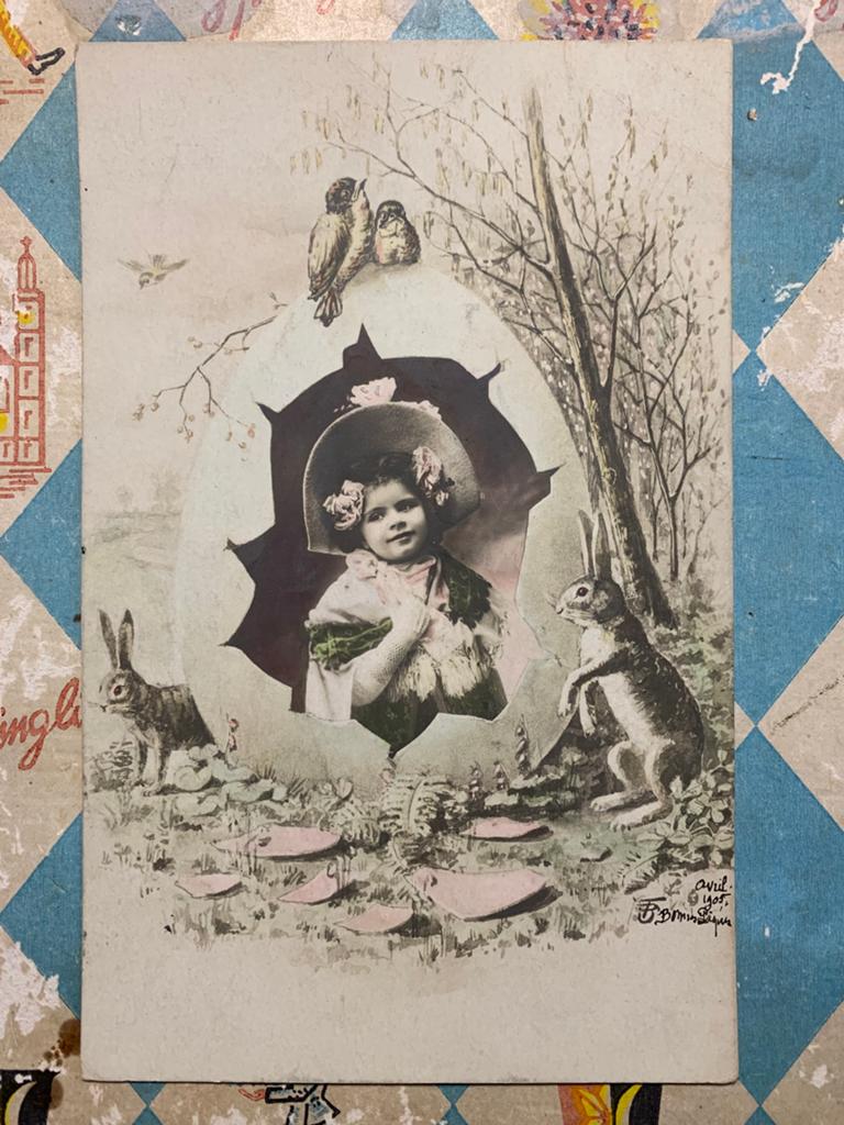 April 1905 Bonnes Pâques - meisje, paashazen, ei (EL), Ophalen of Verzenden, Voor 1920, Gelopen, Feest(dag)