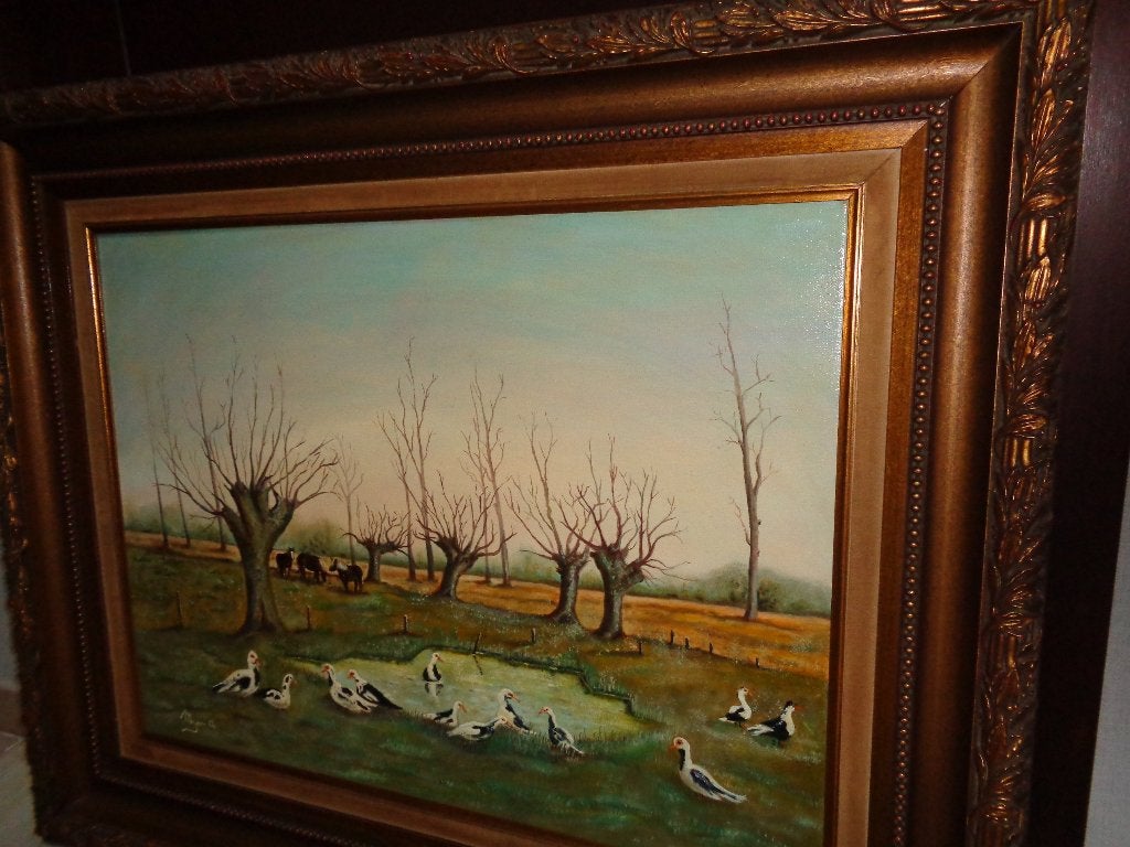 *Prachtige grote gesigneerde schilderij "Eenden en Paarden", Antiek en Kunst, Ophalen of Verzenden, Origineel werk