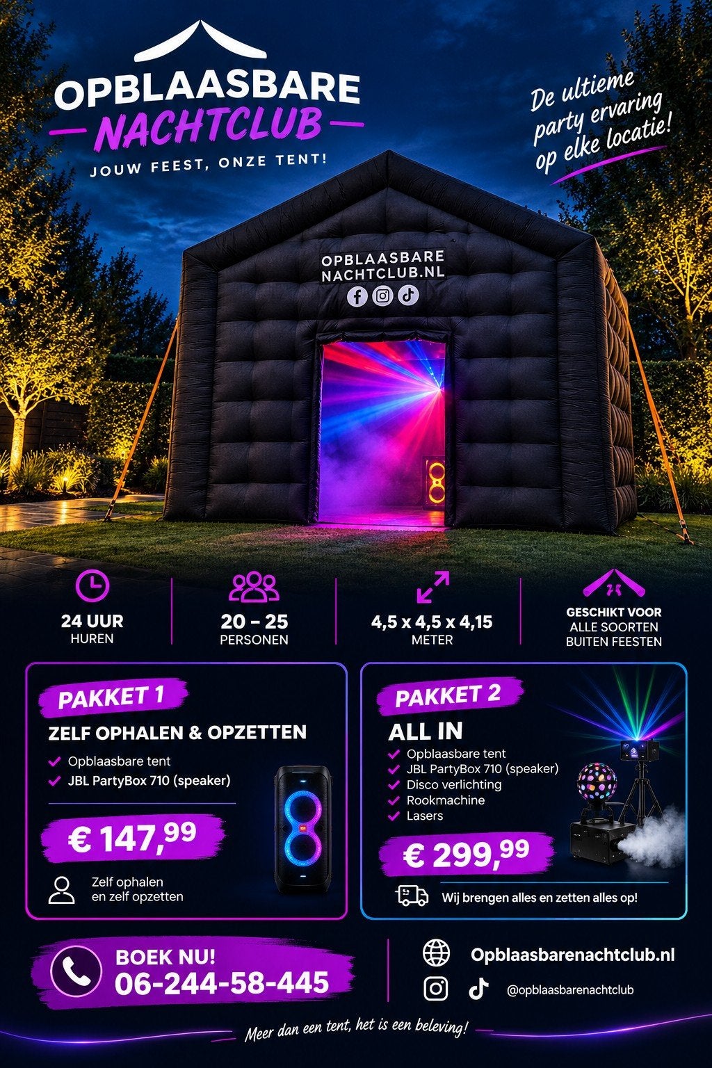Opblaasbare discotent te huur! Al vanaf €147,95!, Tuin en Terras, Opvouwbaar, Partytent, Nieuw, 4 tot 6 meter