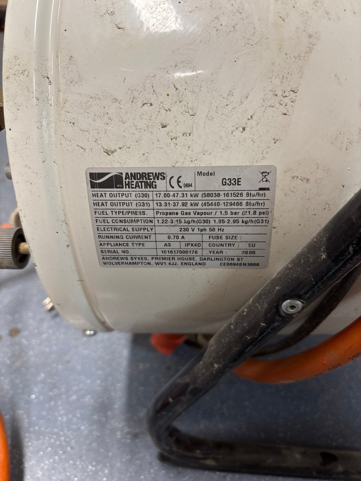 Andrews Heating G33E Propane Gas Heater - Werkplaatskachel, Doe-het-zelf en Verbouw, Ophalen, Gebruikt, Kachel, 60 tot 150 cm