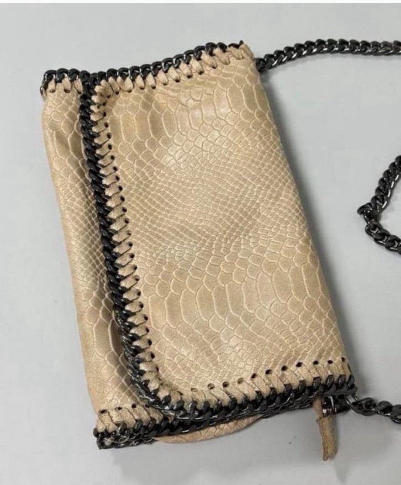 BORSE IN PELLE Italiaanse leren handtas slangenleer ketting, P, Schoudertasje, Beige, P
